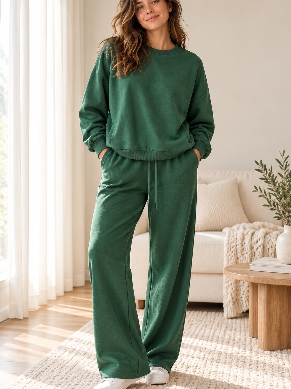 PINSPARK Forest Green 2 Piece Sweatsuit Wide Leg Lounge Set Size Large